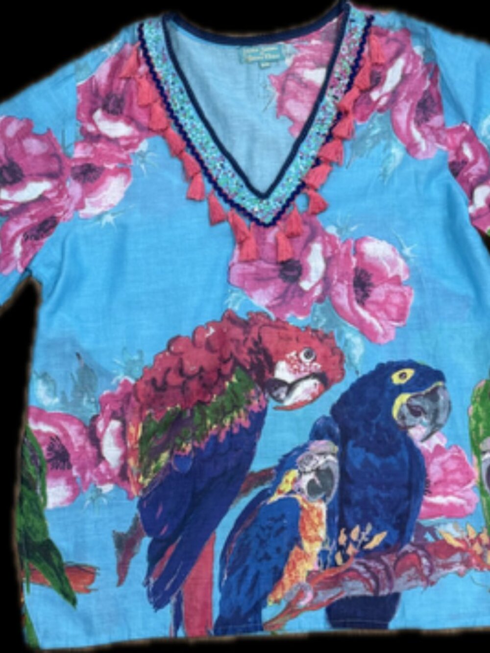 Antica Sartoria Blue Tropical Parrot Macaw Tunic Blouse Embellished Tassel